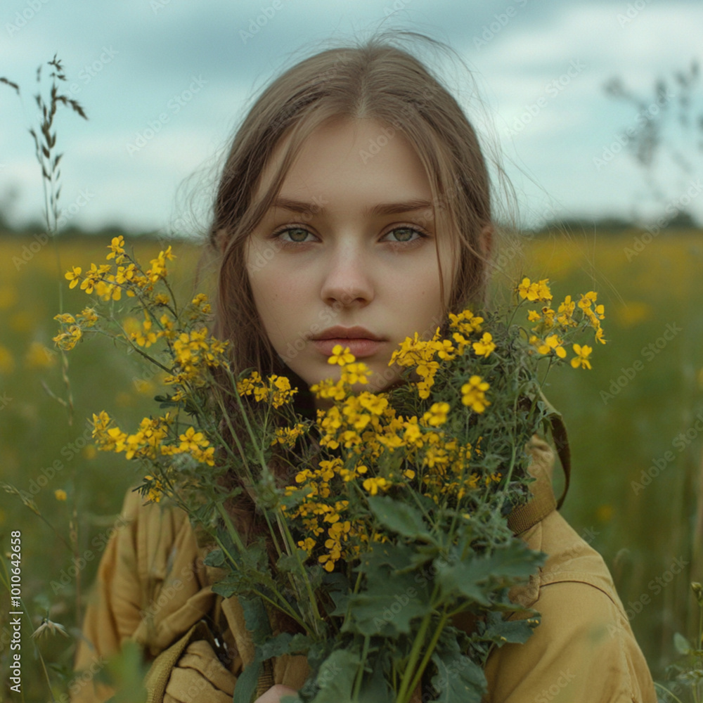 Russian young woman. Russian retrofuturism. collects celandine plant in the field. Russian young woman. Russian retrofuturism. collects celandine plant in the field.