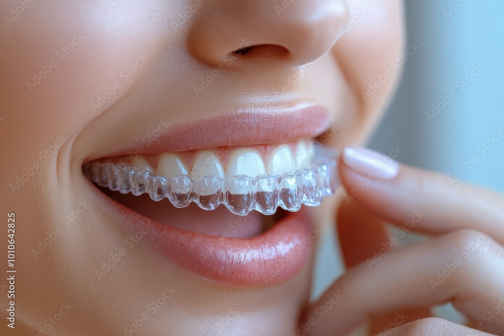 Fototapeta premium A woman with a clear retainer in her mouth. The woman has a smile on her face