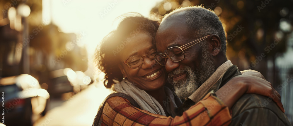 A joyful elderly couple embraces warmly in a sunlit street during a serene afternoon stroll A joyful elderly couple embraces warmly in a sunlit street during a serene afternoon stroll