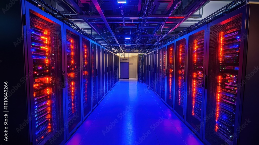Illuminated Data Center Server Room with Glowing Racks Illuminated Data Center Server Room with Glowing Racks