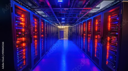 Illuminated Data Center Server Room with Glowing Racks