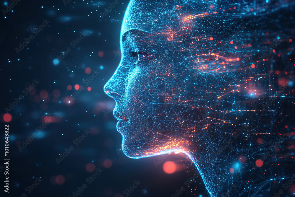 Abstract digital background with female face in profile and network connections, symbolizing the integration between human elements and artificial intelligence technology. Abstract digital background with female face in profile and network connections, symbolizing the integration between human elements and artificial intelligence technology.