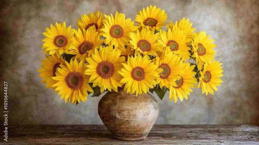 Obraz premium Bright Sunflower Bouquet in Rustic Vase Display