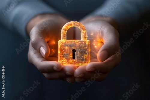 Glowing lock cradled in futuristic hands, surrounded by abstract tech elements, photorealistic, no face visible, patent security concept