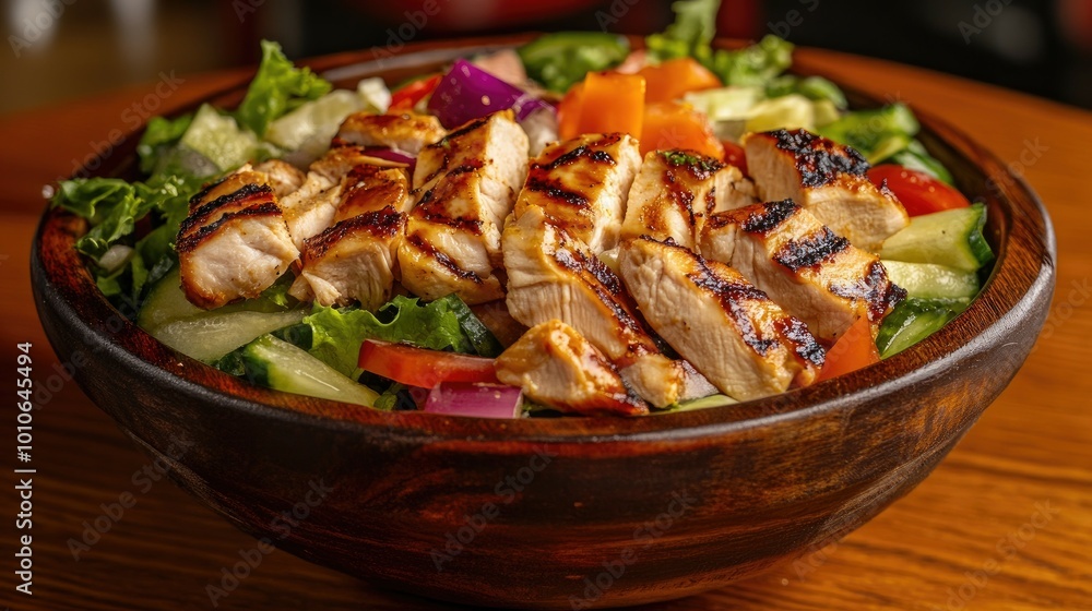A bowl of grilled chicken salad with lettuce, cucumbers, tomatoes, and red onions. A bowl of grilled chicken salad with lettuce, cucumbers, tomatoes, and red onions.
