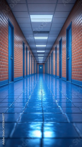 A long hallway with blue tiles and a blue door. The hallway is empty and the blue tiles reflect the light