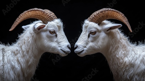 Two goats facing each other with prominent horns against a dark background.