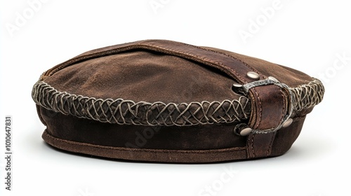 A brown leather beret with a braided trim and a leather strap.