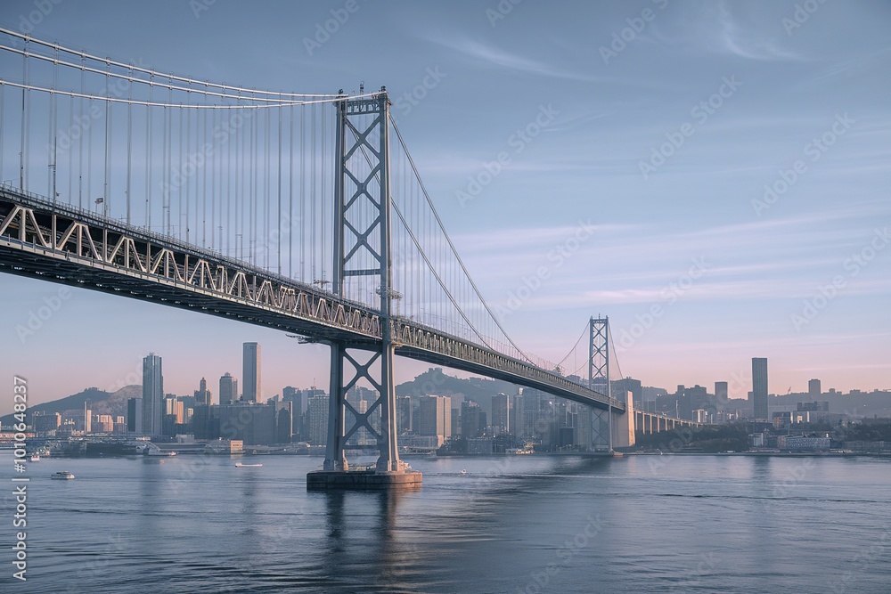 A large suspension bridge spanning a body of water, with a city skyline visible in the background A large suspension bridge spanning a body of water, with a city skyline visible in the background