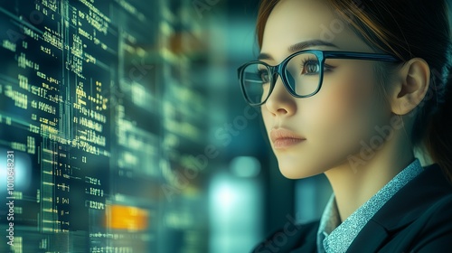 Young woman in glasses analyzing complex digital data on a glowing screen in a professional setting.