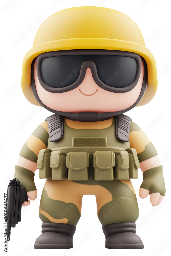 A colorful toy soldier figure wearing a yellow helmet and sunglasses with tactical gear, holding a gun isolated on transparent background. A colorful toy soldier figure wearing a yellow helmet and sunglasses with tactical gear, holding a gun isolated on transparent background.