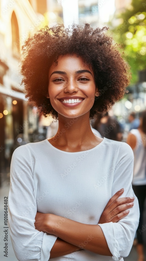 A woman with curly hair is smiling and wearing a white shirt. She is standing in a busy street with other people around her A woman with curly hair is smiling and wearing a white shirt. She is standing in a busy street with other people around her