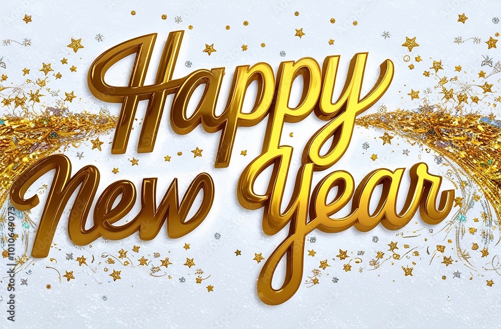 Happy New year text on flat white background with golden stars and confetti. Made with generative AI technology Happy New year text on flat white background with golden stars and confetti. Made with generative AI technology