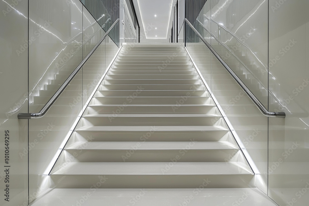 A modern staircase with sleek design and ambient lighting, leading to an upper level in a contemporary space. A modern staircase with sleek design and ambient lighting, leading to an upper level in a contemporary space.