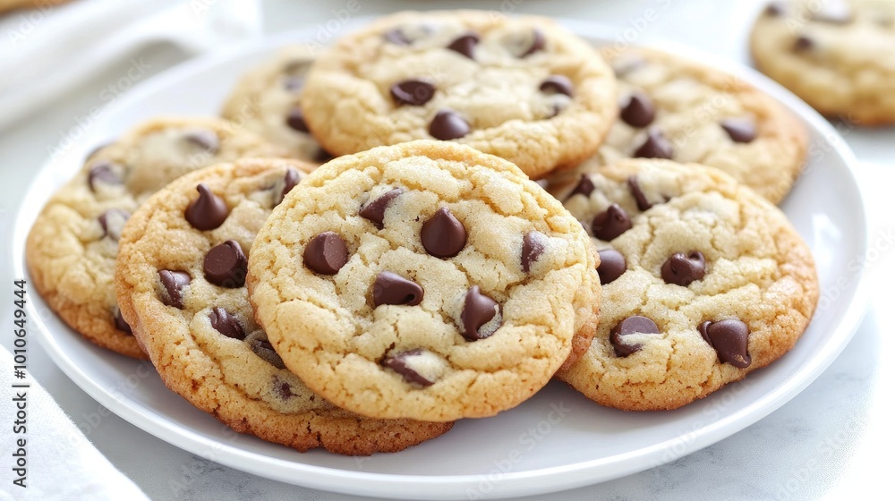Freshly Baked Chocolate Chip Cookies on White Plate Freshly Baked Chocolate Chip Cookies on White Plate