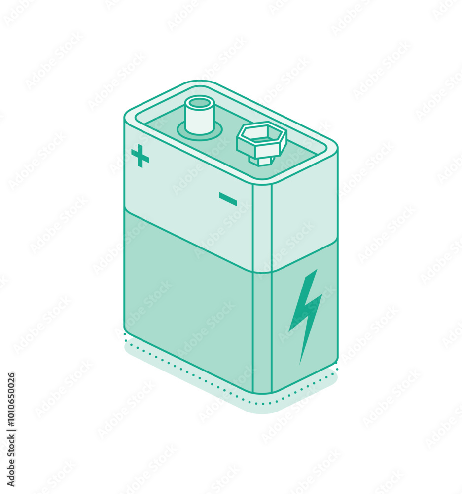 Isometric 9V battery isolated on white background. Nine volt battery icon. Outline style. Isometric 9V battery isolated on white background. Nine volt battery icon. Outline style.