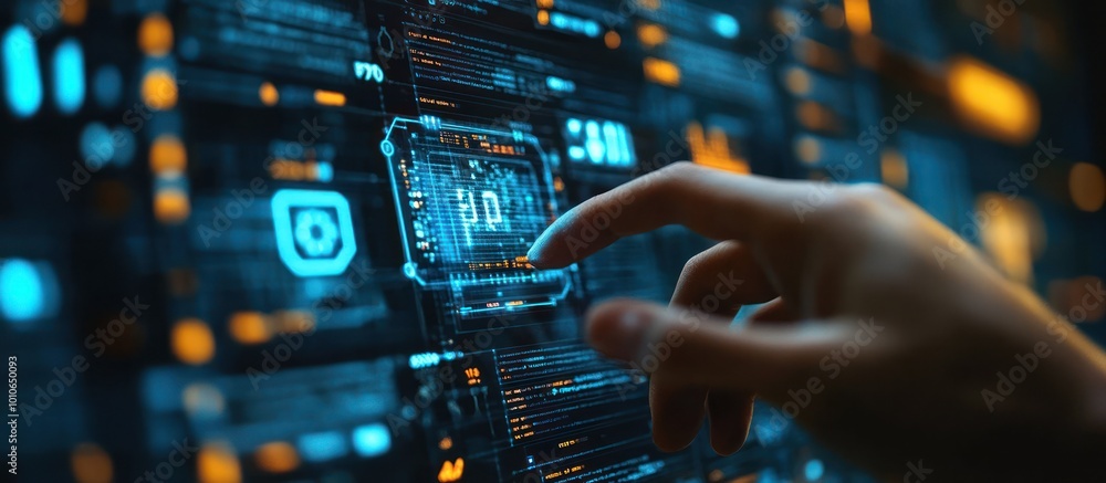 A hand reaches out to touch a digital display with a data readout, highlighting the concept of technology and interaction. A hand reaches out to touch a digital display with a data readout, highlighting the concept of technology and interaction.