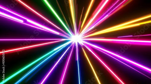 Abstract background with colorful neon lines radiating from a central white light.