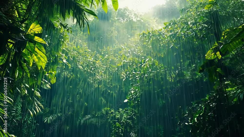 Rain falls on lush, green foliage in a dense tropical forest Rain falls on lush, green foliage in a dense tropical forest