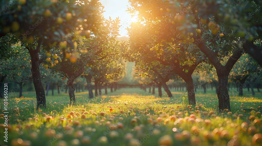 Golden hour sunlight shining through rows of apple trees growing in an orchard with ripe apples lying in the grass Golden hour sunlight shining through rows of apple trees growing in an orchard with ripe apples lying in the grass