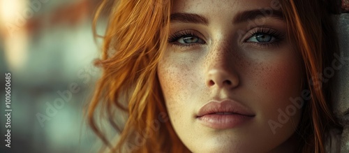 Close up portrait of a young woman with red hair, freckles, and blue eyes looking away from the camera.