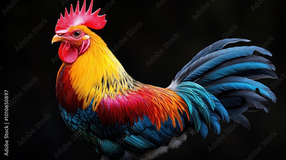 A vibrant, colorful rooster showcasing its plumage. A vibrant, colorful rooster showcasing its plumage.