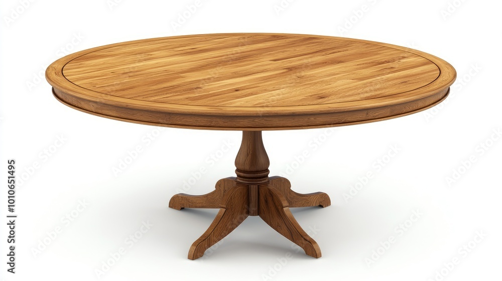 A classic round wooden table with a pedestal base, isolated on a white background. A classic round wooden table with a pedestal base, isolated on a white background.