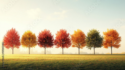 a row of trees with autumn foliage set