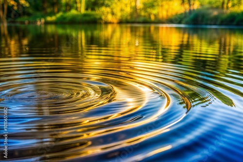 Golden ripples spreading across calm pond photo