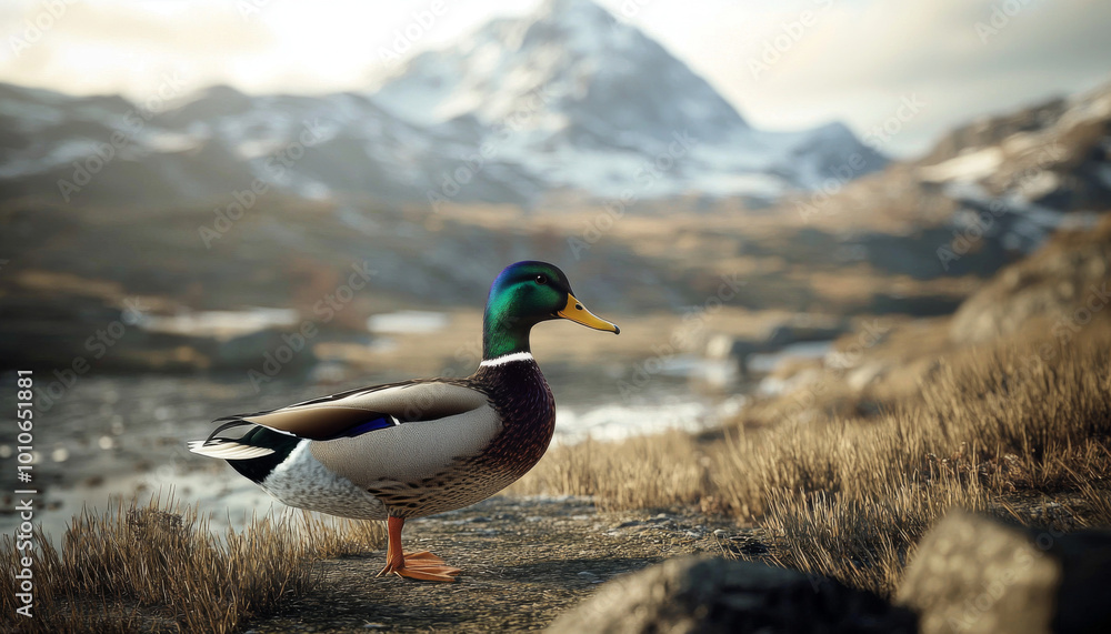 A realistic rendering of a duck standing in a scenic landscape with mountains in the background. A realistic rendering of a duck standing in a scenic landscape with mountains in the background.