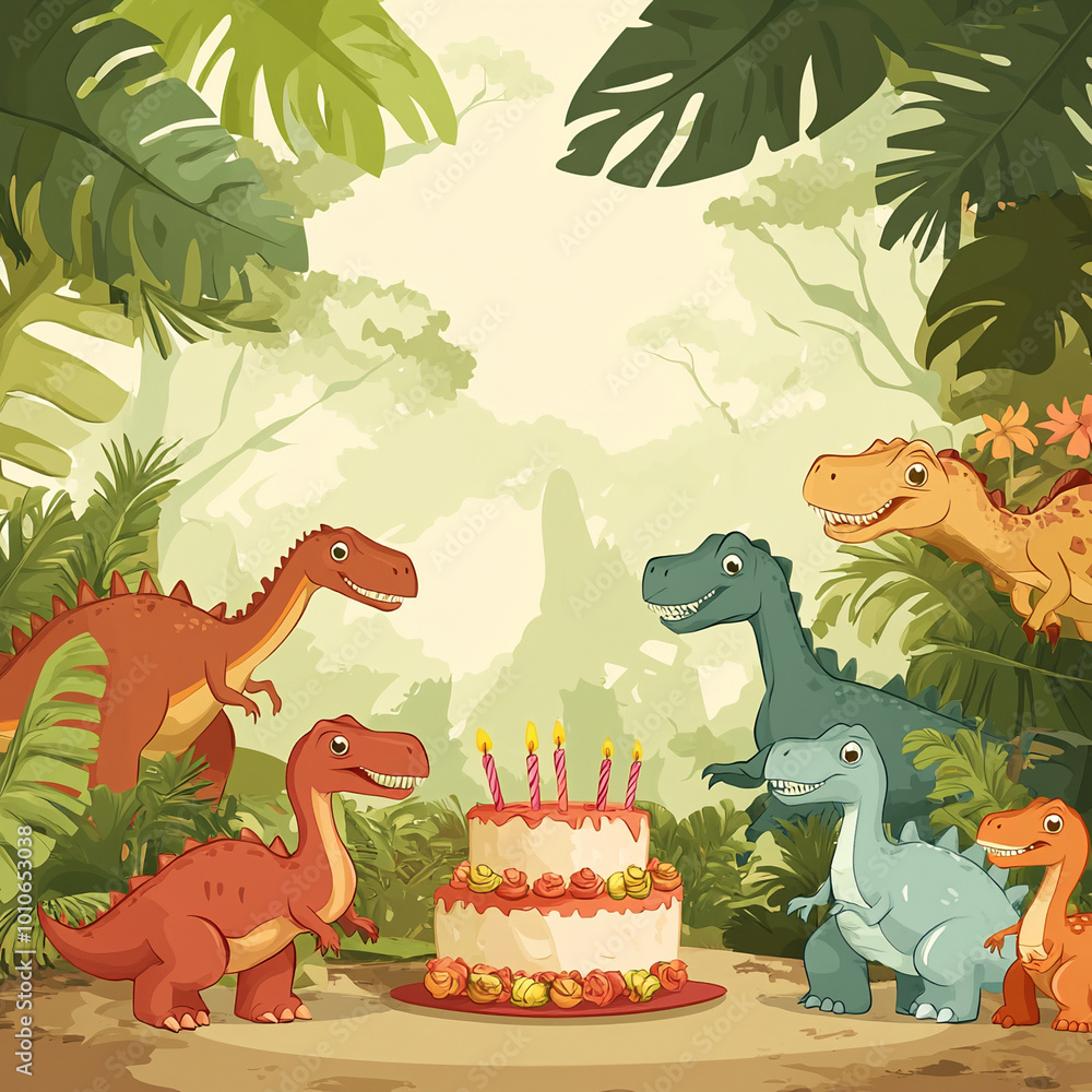 Naklejka premium dinosaur jurassic era concept celebration birthday background with bright colors gifts, cake, balloons, confetti with birthday candles