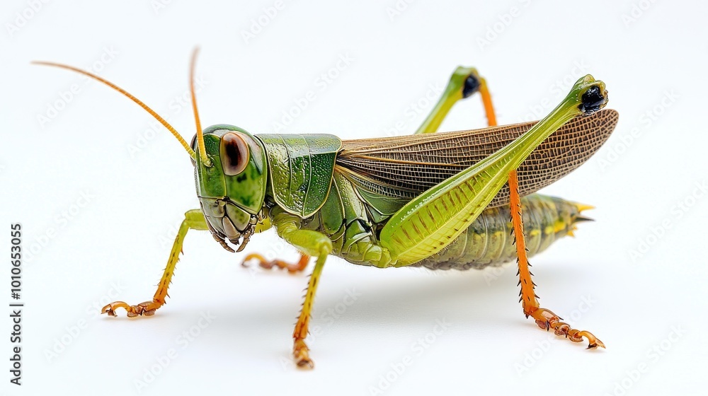 Detailed Close-Up of a Green Grasshopper on White Background Detailed Close-Up of a Green Grasshopper on White Background