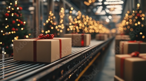 Christmas Gifts Moving Along a Conveyor Belt in a Festive Warehouse Setting with Decorated Trees and Twinkling Lights