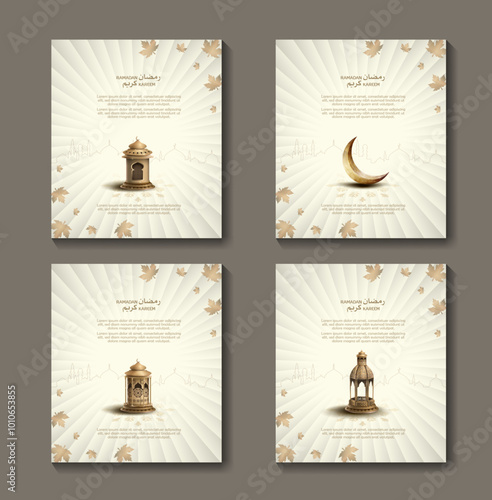 set of islamic greeetings card design ramadan kareem with lantern and crescent
 photo