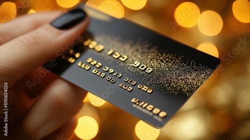 A hand holding a credit card with the number 990 on it. The card is black and gold photo