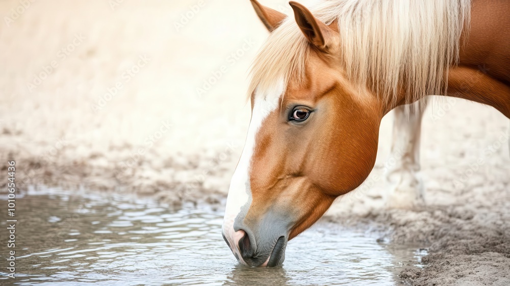 Fototapeta premium Horses drinking from a natural stream running through a large, sunny pasture, livestock, natural resources