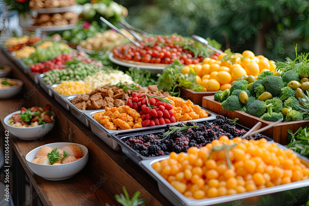 Table full of food with a variety of fruits and vegetables. Buffet is set up for a party or gathering Table full of food with a variety of fruits and vegetables. Buffet is set up for a party or gathering