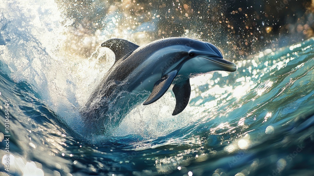 Obraz premium Dolphin Leaping Through Ocean Waves in Bright Sunlight