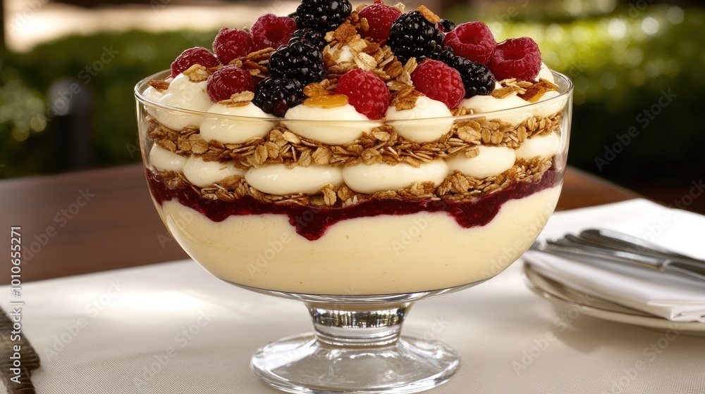 A bowl of yogurt parfait with layers of granola, honey, and mixed berries, served on a breakfast table. A bowl of yogurt parfait with layers of granola, honey, and mixed berries, served on a breakfast table.