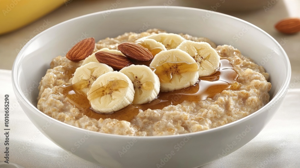 A bowl of oatmeal with sliced banana, almond butter, and honey drizzle, placed on a table with a cozy breakfast setting. A bowl of oatmeal with sliced banana, almond butter, and honey drizzle, placed on a table with a cozy breakfast setting.