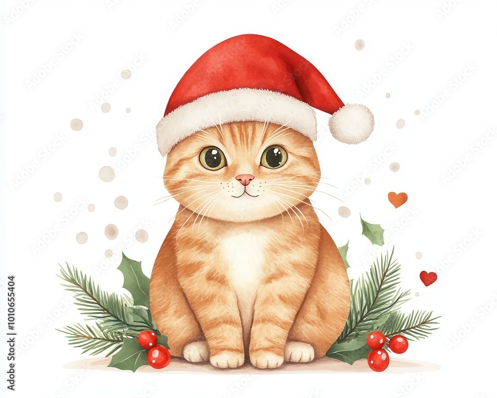 Cute ginger cat in a Santa hat surrounded by festive decorations and snowflakes. Cute ginger cat in a Santa hat surrounded by festive decorations and snowflakes.