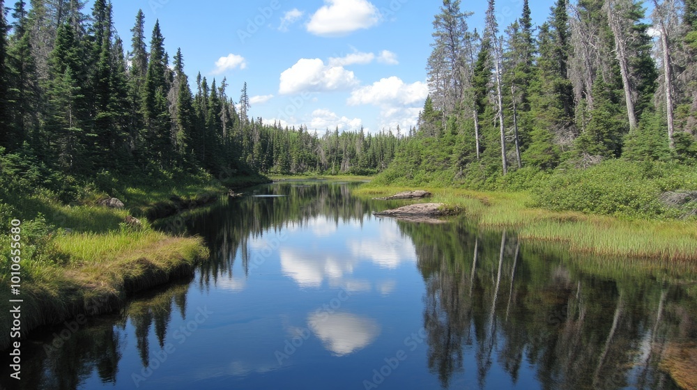 A calm river reflecting the trees and sky above, with the water extending out toward the horizon. A calm river reflecting the trees and sky above, with the water extending out toward the horizon.