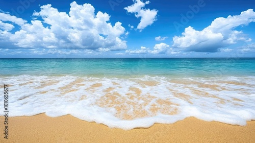 A calm ocean view with gentle waves lapping the shore  the horizon line separating the water from a bright  cloud-streaked sky