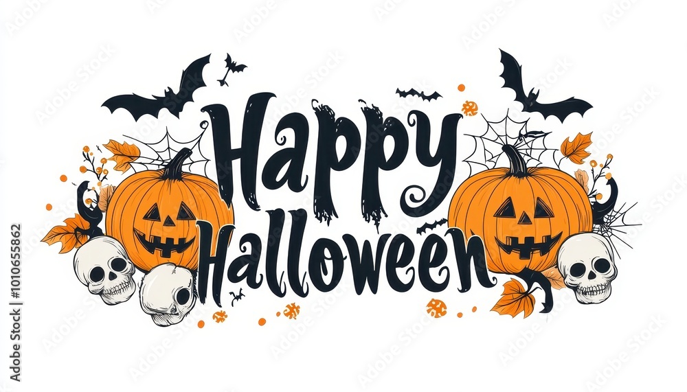 Happy Halloween Greeting with Pumpkins, Skulls, Bats, and Spiders Happy Halloween Greeting with Pumpkins, Skulls, Bats, and Spiders