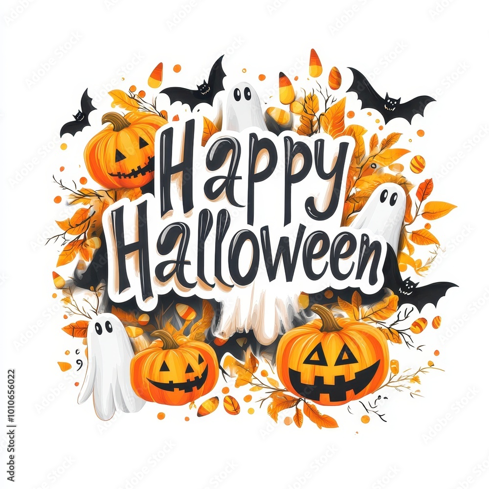 Happy Halloween Greeting with Pumpkins, Ghosts, and Bats Happy Halloween Greeting with Pumpkins, Ghosts, and Bats