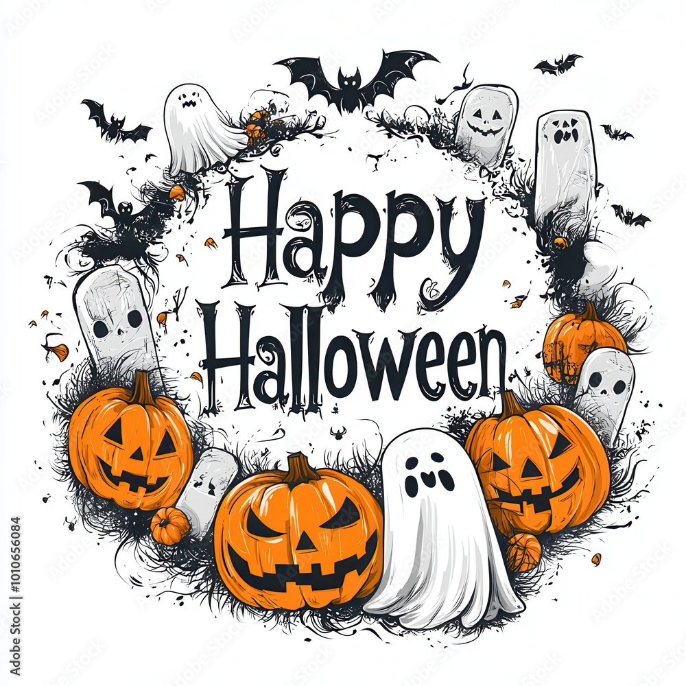 A wreath of Halloween pumpkins, ghosts, and bats surrounding the words A wreath of Halloween pumpkins, ghosts, and bats surrounding the words