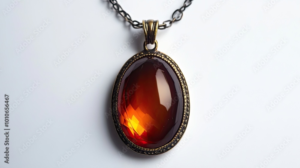 A close-up of an oval-shaped amber gemstone pendant with a metal setting on a chain. A close-up of an oval-shaped amber gemstone pendant with a metal setting on a chain.