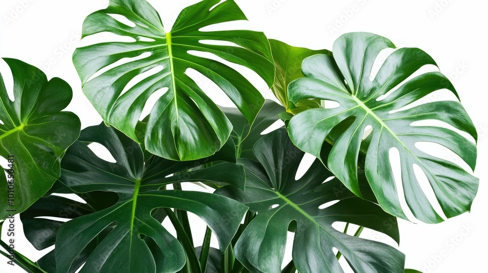 A close-up of large, tropical, green leaves of a Monstera plant against a white background. A close-up of large, tropical, green leaves of a Monstera plant against a white background.