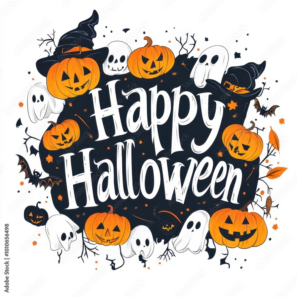 Happy Halloween Greeting with Pumpkins, Ghosts, and Bats Happy Halloween Greeting with Pumpkins, Ghosts, and Bats