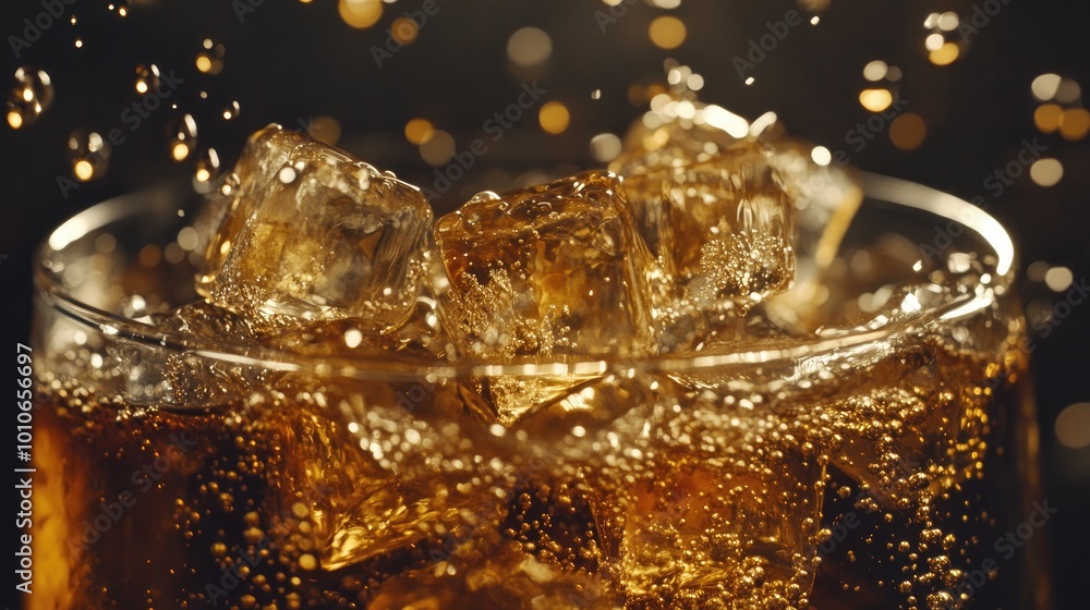 A close-up of ice cubes falling into a glass of soda, creating a cool splash with bubbles rising to the surface. A close-up of ice cubes falling into a glass of soda, creating a cool splash with bubbles rising to the surface.